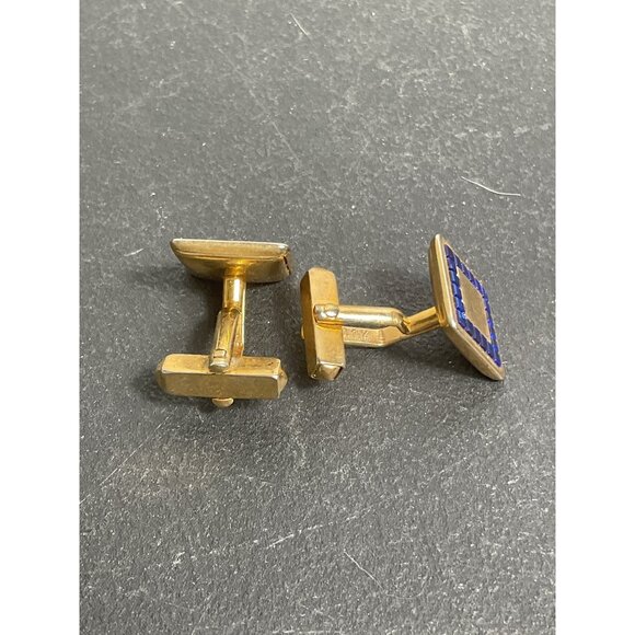 Gold-Tone Square Cufflinks With Blue Enamel Inlay & Toggle Closure - Picture 2 of 3